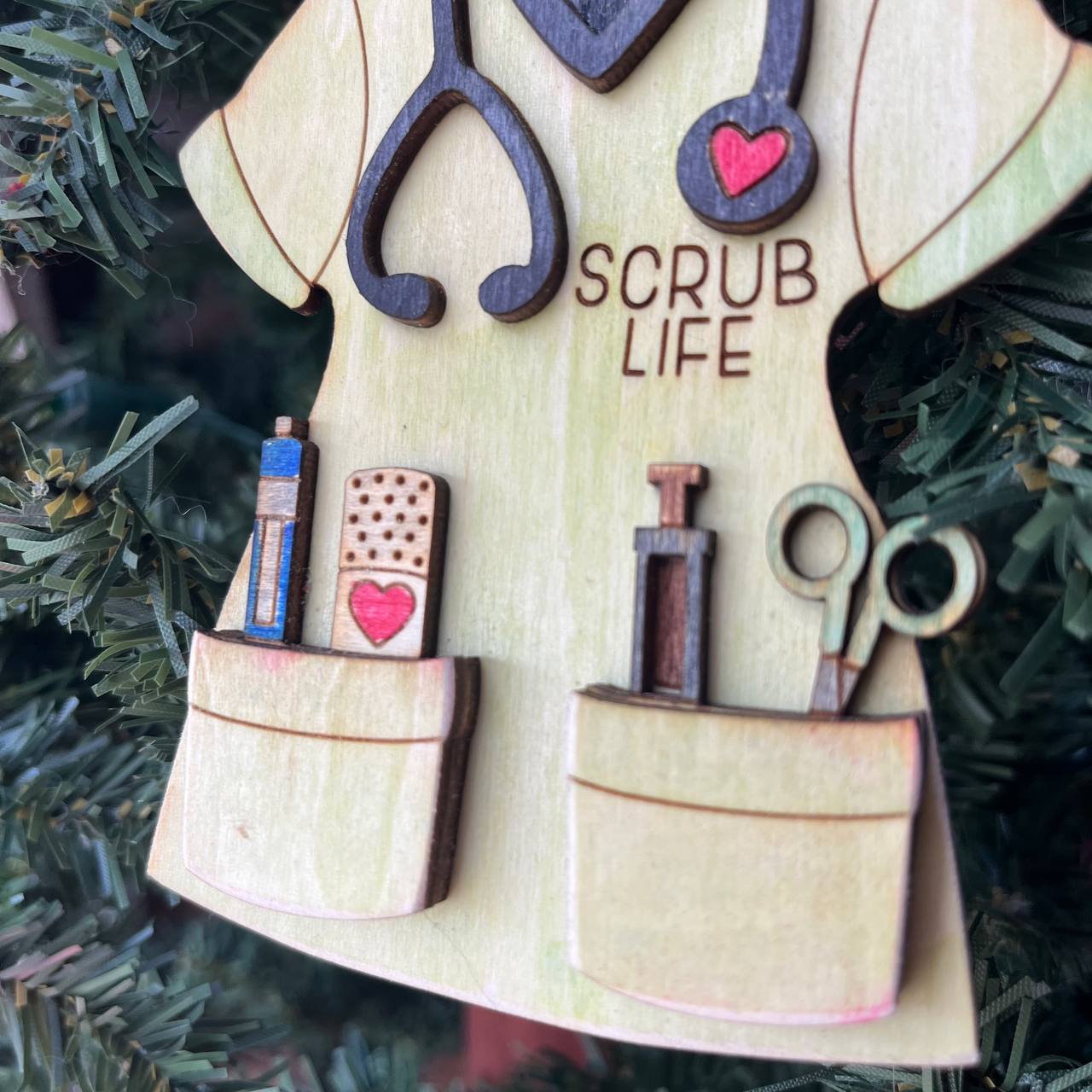 Scrub Life Nurse Ornament – Handmade Wood Medical Christmas Decoration for Nurses, CNAs, and Healthcare Workers – 4" Tall Scrubs Tree Ornament