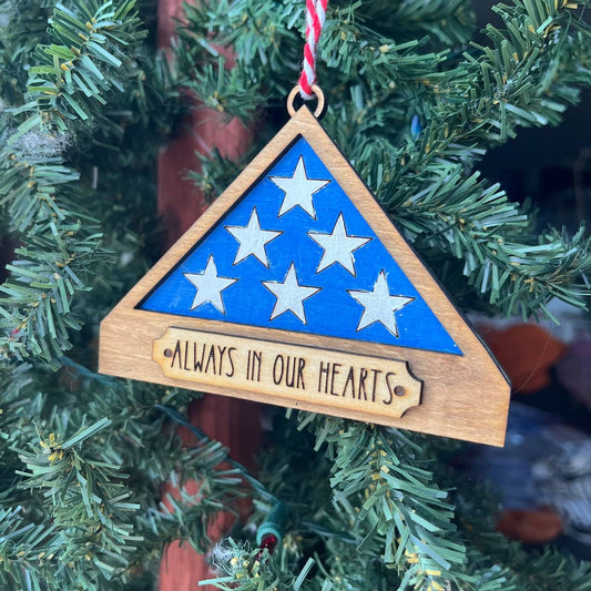 Patriotic Folded Flag Memorial Ornament – Always in Our Hearts – Veteran Tribute Wood Keepsake – 3.5" Wide Military Remembrance Ornament