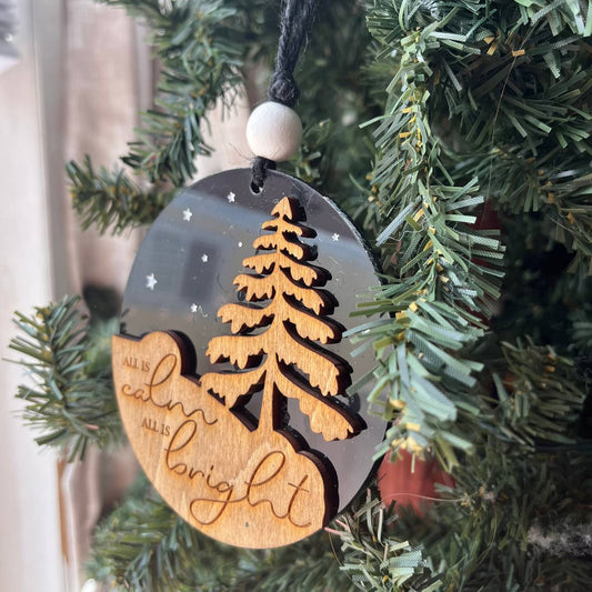 “All Is Calm, All Is Bright” Wood & Black Acrylic Christmas Ornament – Modern Rustic Tree Ornament – 3.25" Round Holiday Decoration