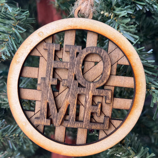 Rustic HOME Ornament – 3.25" Round Wooden Basket Weave Christmas Tree Ornament – Farmhouse Holiday Home Decor – Handmade Wood Home Keepsake