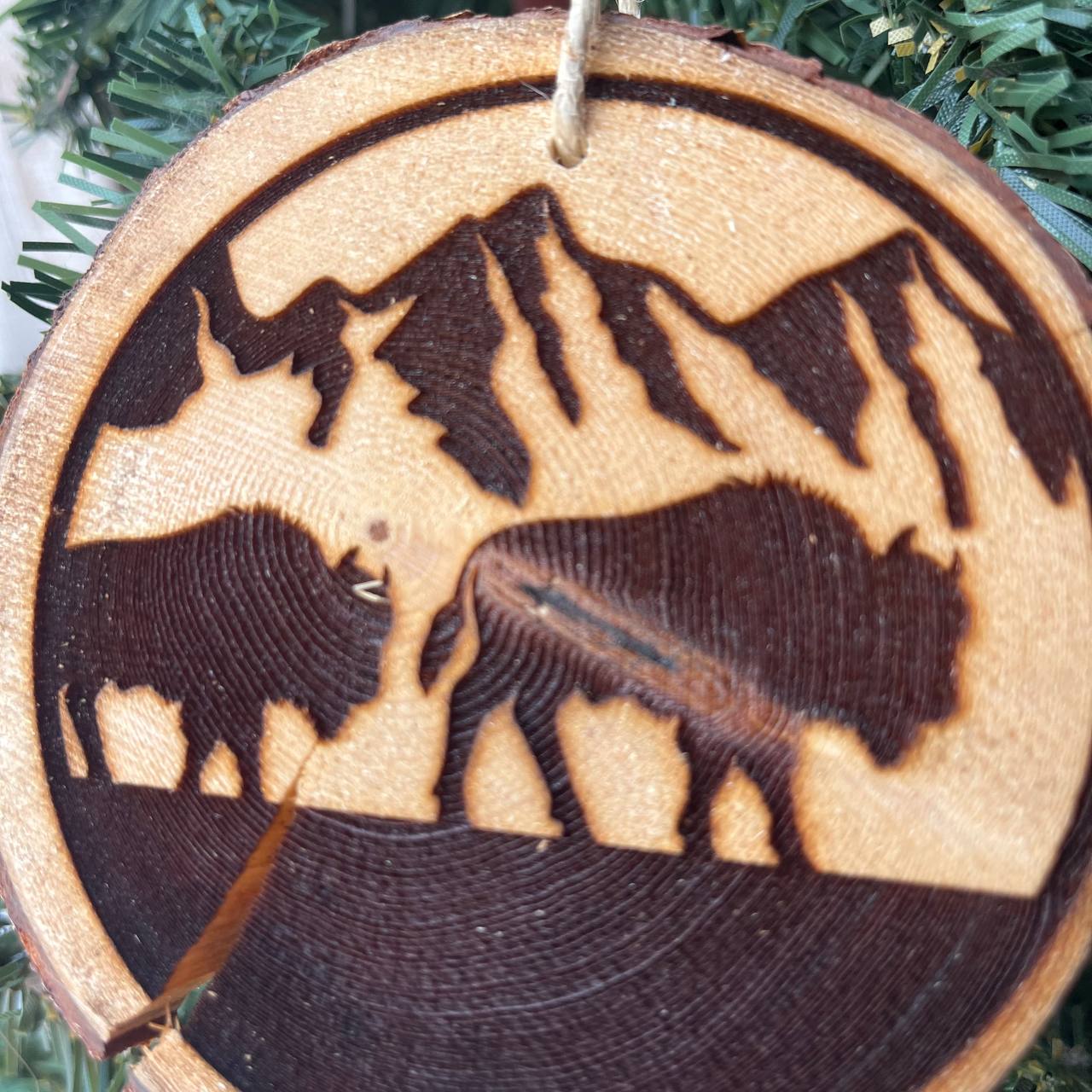 Engraved Bison Ornament on Locally Sourced Pine Wood – Rustic Wildlife Christmas Decor – 3.25"-4" Round Handmade Ornament