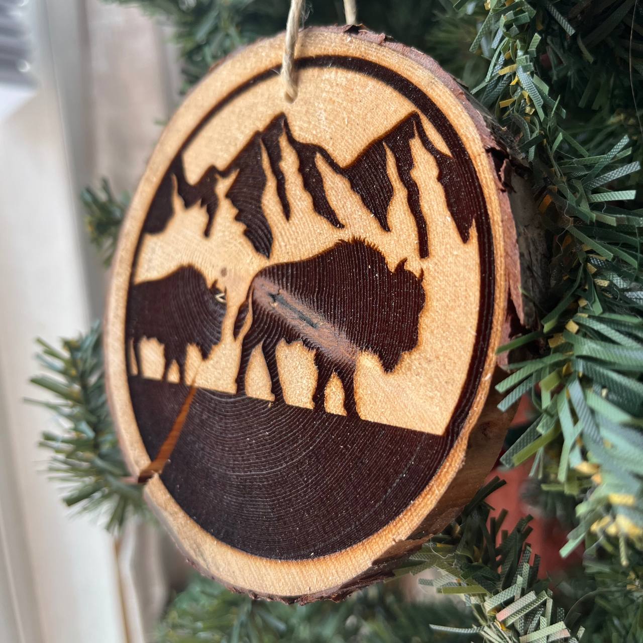 Engraved Bison Ornament on Locally Sourced Pine Wood – Rustic Wildlife Christmas Decor – 3.25"-4" Round Handmade Ornament