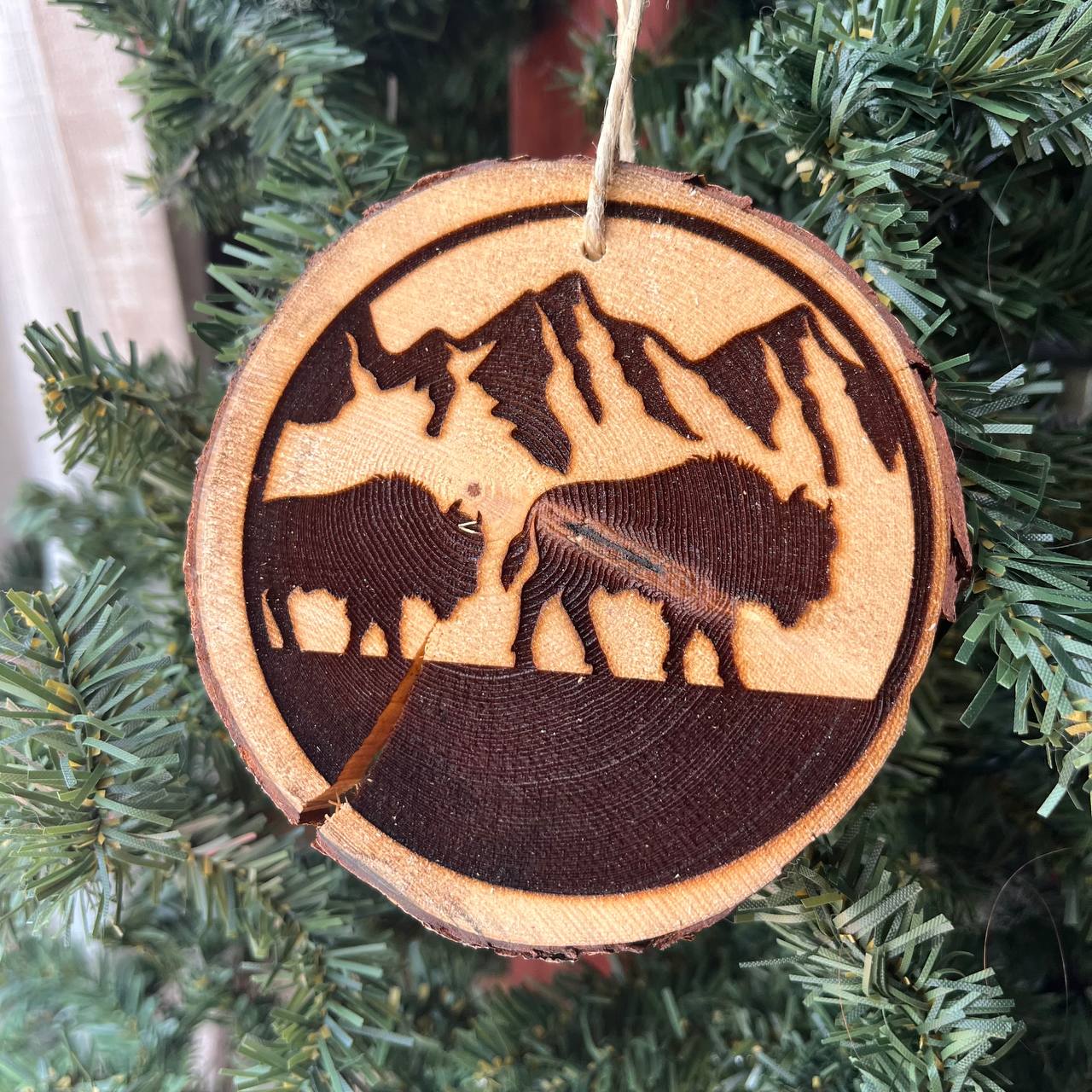 Engraved Bison Ornament on Locally Sourced Pine Wood – Rustic Wildlife Christmas Decor – 3.25"-4" Round Handmade Ornament