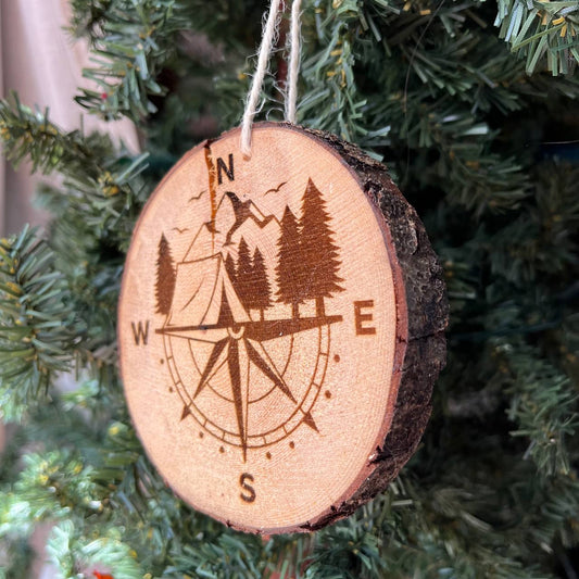 Engraved Compass & Tent Ornament – Rustic Pine Wood Camping Ornament – Mountain Adventure Tree Slice Decor – 3.25"-4" Round