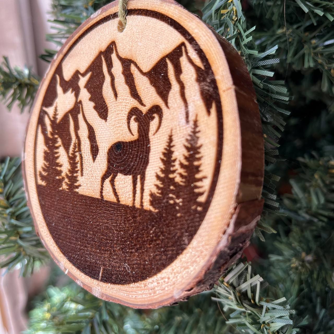 Mountain Goat Engraved Wood Slice Ornament – Locally Sourced Pine – Rustic Alpine Wildlife Decor – Nature-Inspired Tree Ornament 3.25"-4" Round