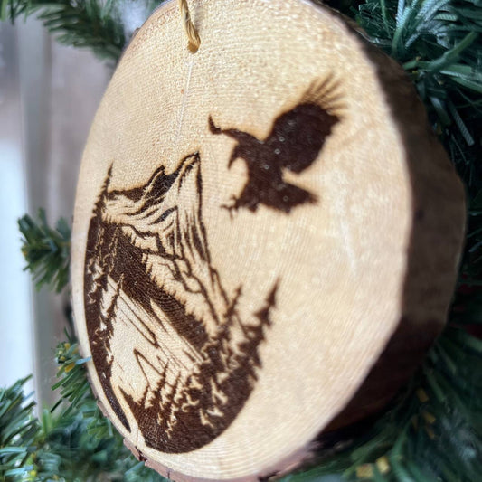 Engraved Eagle & Mountain Ornament on Natural Pine Wood – Rustic Wildlife Christmas Tree Decor – 3.25"-4" Round