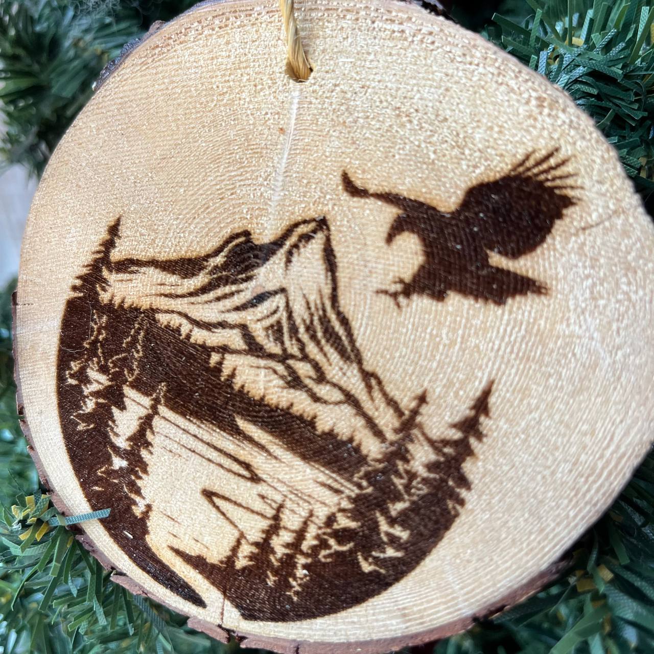 Engraved Eagle & Mountain Ornament on Natural Pine Wood – Rustic Wildlife Christmas Tree Decor – 3.25"-4" Round