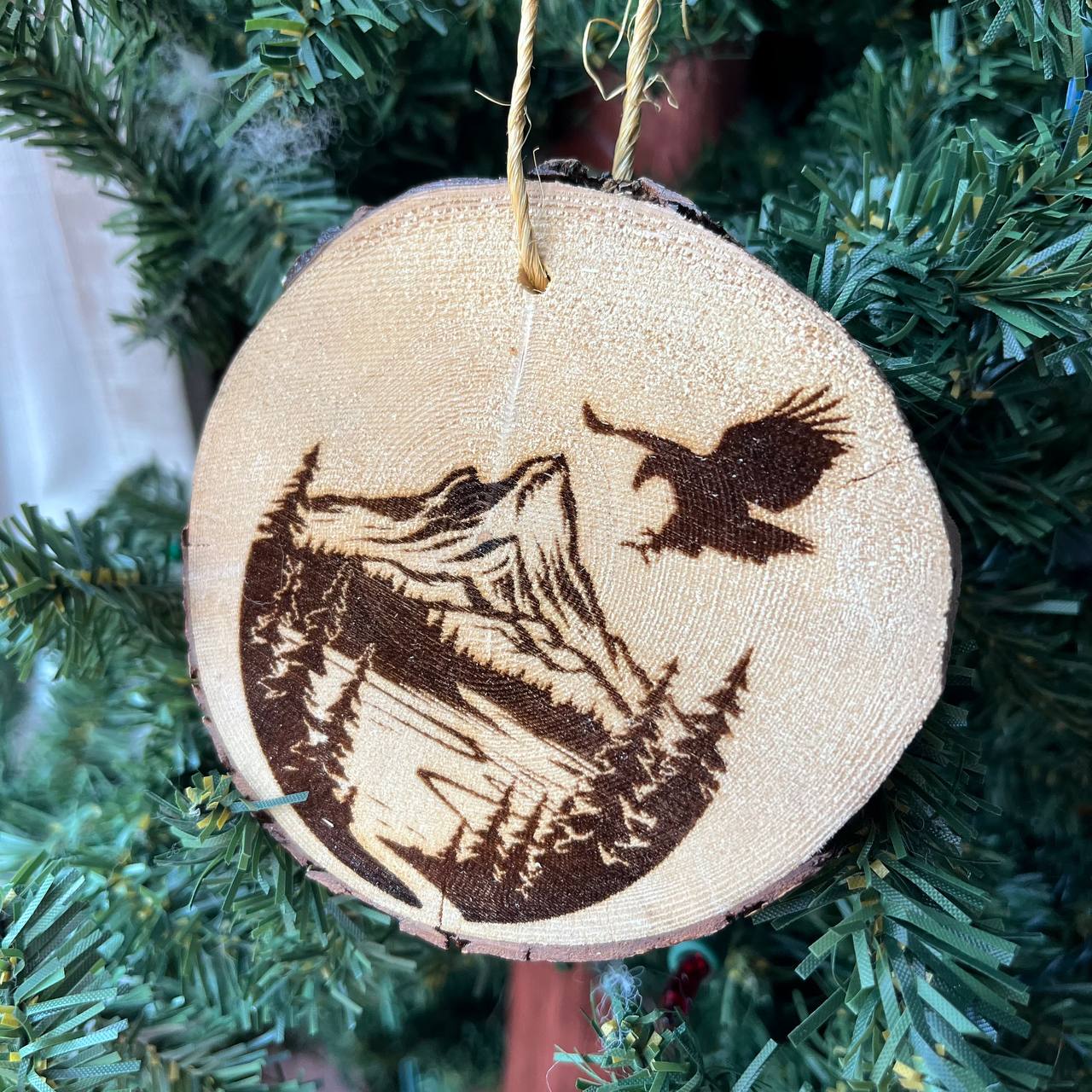 Engraved Eagle & Mountain Ornament on Natural Pine Wood – Rustic Wildlife Christmas Tree Decor – 3.25"-4" Round