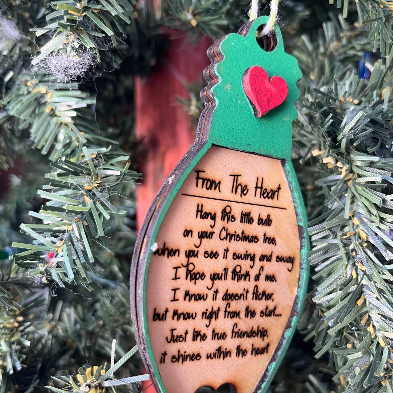 From the Heart Friendship Christmas Ornament – Laser Engraved Poem Bulb – 5" Tall Wooden Gift for Friends – Rustic Holiday Keepsake