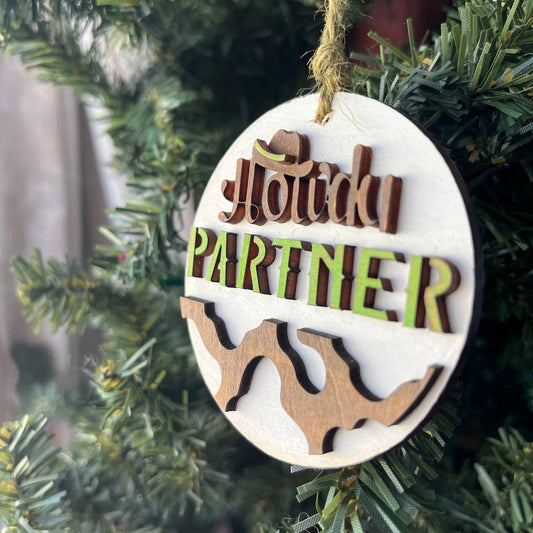 Howdy Partner Cowboy Ornament – Western Themed Wood Christmas Decoration – Rustic Farmhouse Holiday Ornament – 3.25" Round