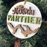 Howdy Partner Cowboy Ornament – Western Themed Wood Christmas Decoration – Rustic Farmhouse Holiday Ornament – 3.25" Round