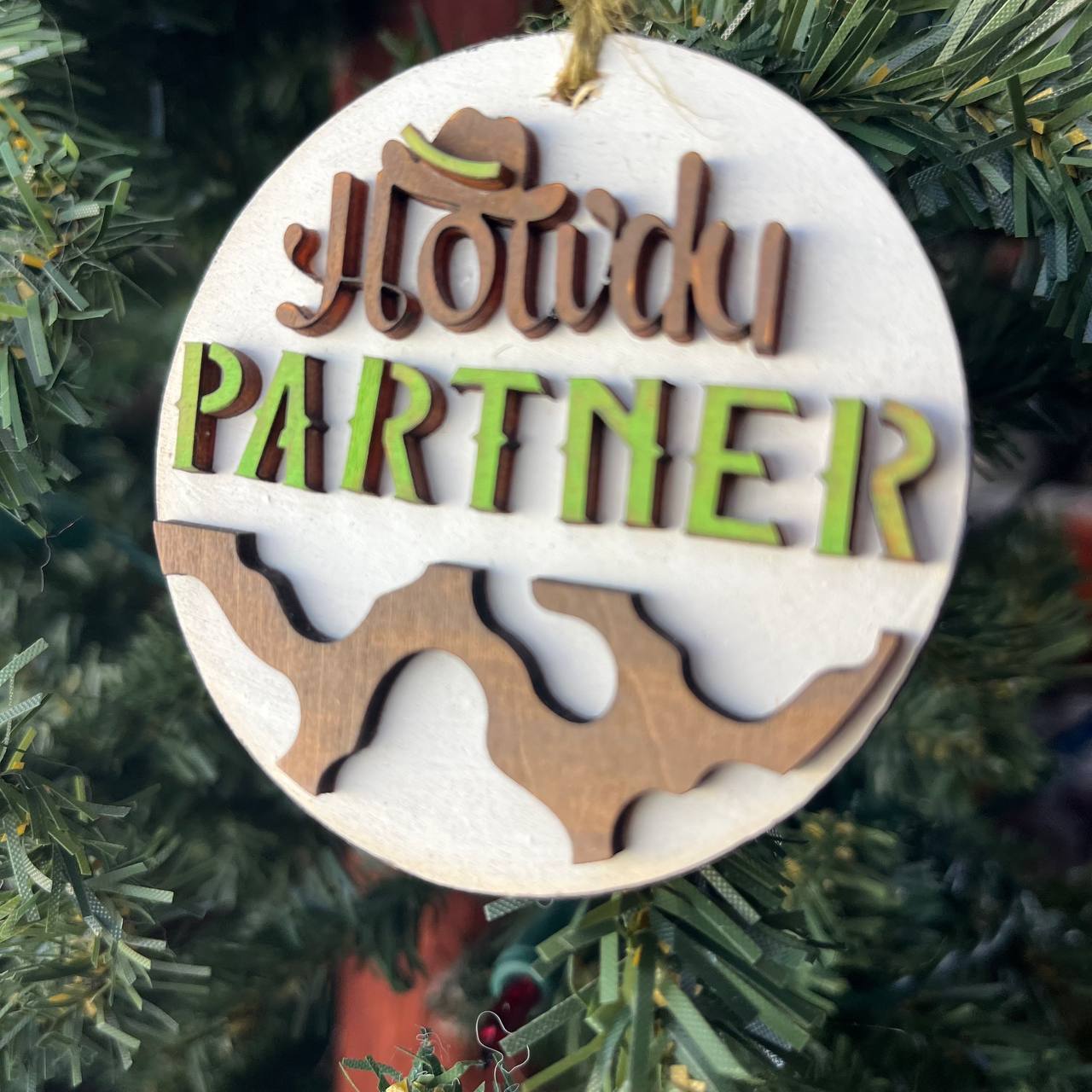 Howdy Partner Cowboy Ornament – Western Themed Wood Christmas Decoration – Rustic Farmhouse Holiday Ornament – 3.25" Round