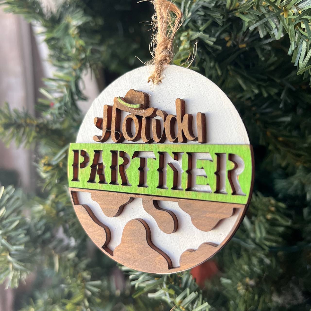 Howdy Partner Cowboy Ornament – Western Themed Wood Christmas Decoration – Rustic Farmhouse Holiday Ornament – 3.25" Round
