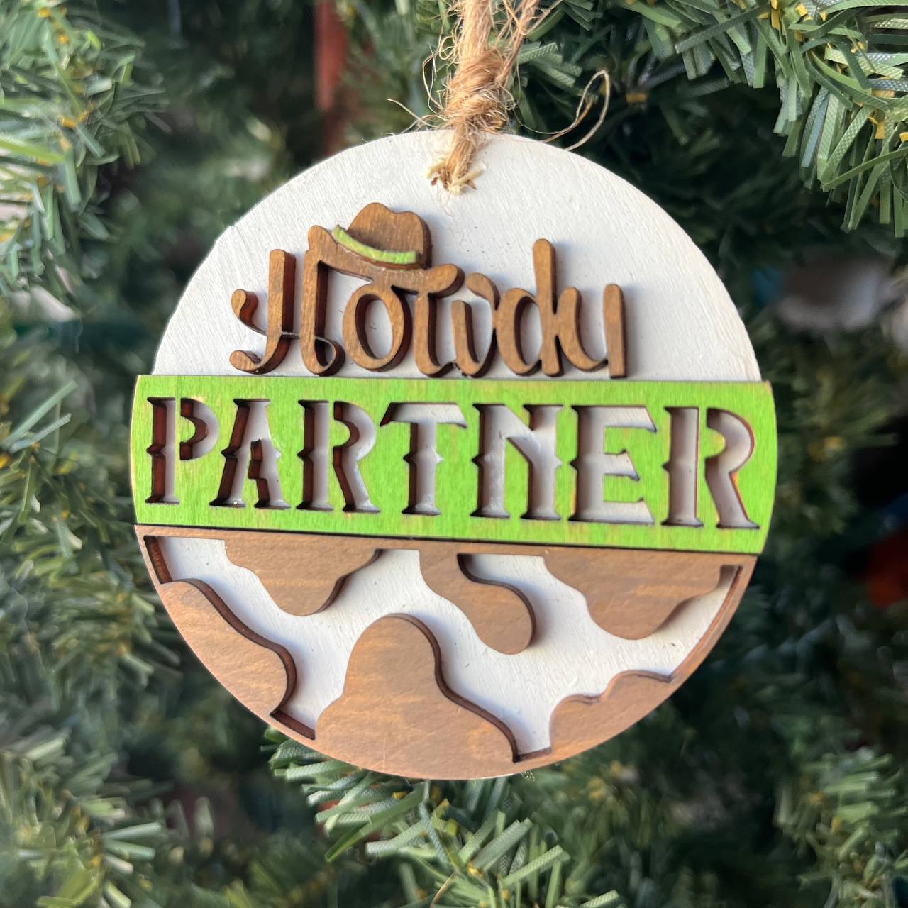 Howdy Partner Cowboy Ornament – Western Themed Wood Christmas Decoration – Rustic Farmhouse Holiday Ornament – 3.25" Round