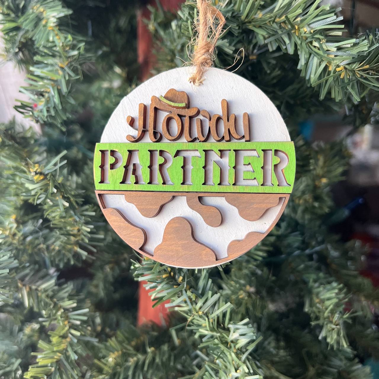 Howdy Partner Cowboy Ornament – Western Themed Wood Christmas Decoration – Rustic Farmhouse Holiday Ornament – 3.25" Round