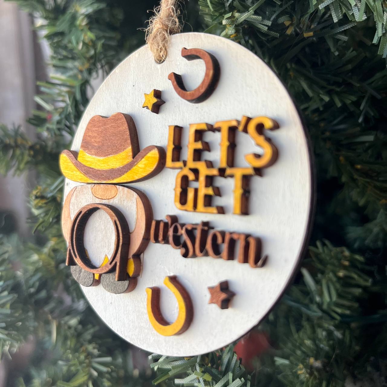 Let’s Get Western Cowboy Ornament – Rustic Wood Christmas Decoration – 3.25" Round Layered Farmhouse Ornament