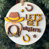 Let’s Get Western Cowboy Ornament – Rustic Wood Christmas Decoration – 3.25" Round Layered Farmhouse Ornament