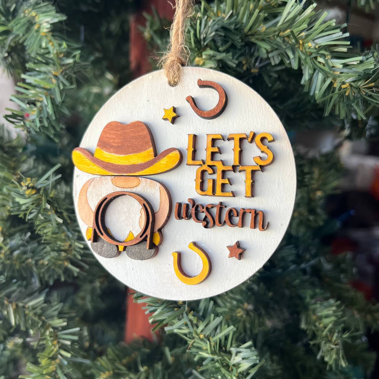 Let’s Get Western Cowboy Ornament – Rustic Wood Christmas Decoration – 3.25" Round Layered Farmhouse Ornament