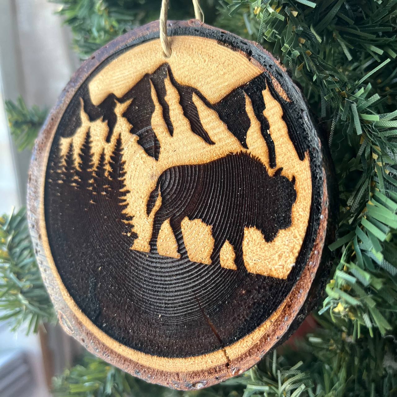 Engraved Bison Ornament – Rustic Pine Wood Christmas Ornament – Buffalo Mountain Tree Decor for Nature Lovers – 3.25"-4" Round