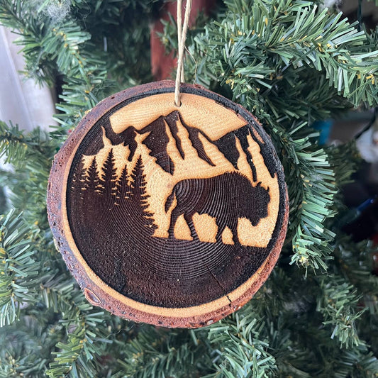 Engraved Bison Ornament – Rustic Pine Wood Christmas Ornament – Buffalo Mountain Tree Decor for Nature Lovers – 3.25"-4" Round