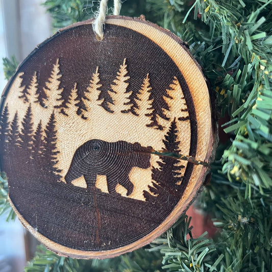 Engraved Bear Ornament – Rustic Wood Slice Christmas Decor – Locally Sourced Pine – Forest Animal Tree Ornament – 3.25"-4" Round
