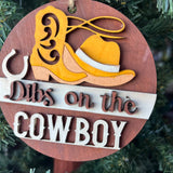 Dibs on the Cowboy Ornament – Western Cowboy Hat & Boot Christmas Tree Decor, Rustic Country Holiday Gift for Her