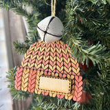 Personalized Knit Hat Christmas Ornament with Bell – Pink & Yellow Wood Beanie Tree Decor – Custom Winter Ornament for Kids, Family, Baby's First Christmas – 4" Tall