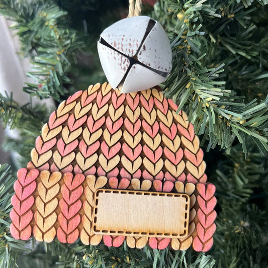 Personalized Knit Hat Christmas Ornament with Bell – Pink & Yellow Wood Beanie Tree Decor – Custom Winter Ornament for Kids, Family, Baby's First Christmas – 4" Tall
