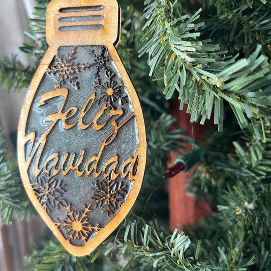 Feliz Navidad Christmas Ornament – Spanish Holiday Ornament | Rustic Wood and Resin Light Bulb Ornament with Snowflakes | Bilingual Tree Decor