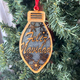 Feliz Navidad Christmas Ornament – Spanish Holiday Ornament | Rustic Wood and Resin Light Bulb Ornament with Snowflakes | Bilingual Tree Decor