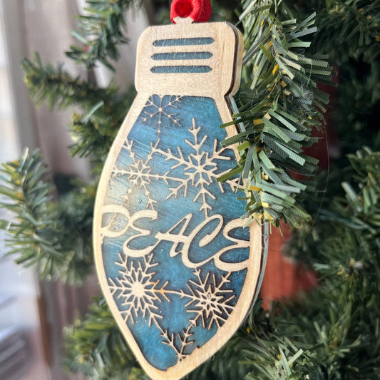 Peace Christmas Ornament – Blue Resin & Wood Light Bulb Tree Decoration | Rustic Holiday Ornament with Snowflakes | Winter Peaceful Decor