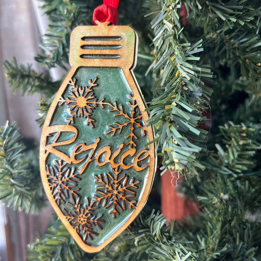 Rejoice Christmas Ornament – Green Resin & Wood Light Bulb Holiday Tree Decoration | Laser Cut Rustic Snowflake Ornament | Inspirational Holiday Decor