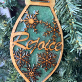 Rejoice Christmas Ornament – Green Resin & Wood Light Bulb Holiday Tree Decoration | Laser Cut Rustic Snowflake Ornament | Inspirational Holiday Decor