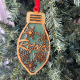 Rejoice Christmas Ornament – Green Resin & Wood Light Bulb Holiday Tree Decoration | Laser Cut Rustic Snowflake Ornament | Inspirational Holiday Decor