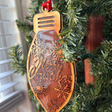 Merry Christmas Ornament – Red Resin & Wood Holiday Light Bulb Decor | Rustic Laser Cut Snowflake Ornament | Farmhouse Christmas Tree Decoration