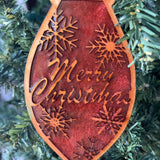 Merry Christmas Ornament – Red Resin & Wood Holiday Light Bulb Decor | Rustic Laser Cut Snowflake Ornament | Farmhouse Christmas Tree Decoration