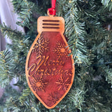 Merry Christmas Ornament – Red Resin & Wood Holiday Light Bulb Decor | Rustic Laser Cut Snowflake Ornament | Farmhouse Christmas Tree Decoration