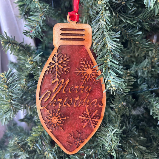Merry Christmas Ornament – Red Resin & Wood Holiday Light Bulb Decor | Rustic Laser Cut Snowflake Ornament | Farmhouse Christmas Tree Decoration