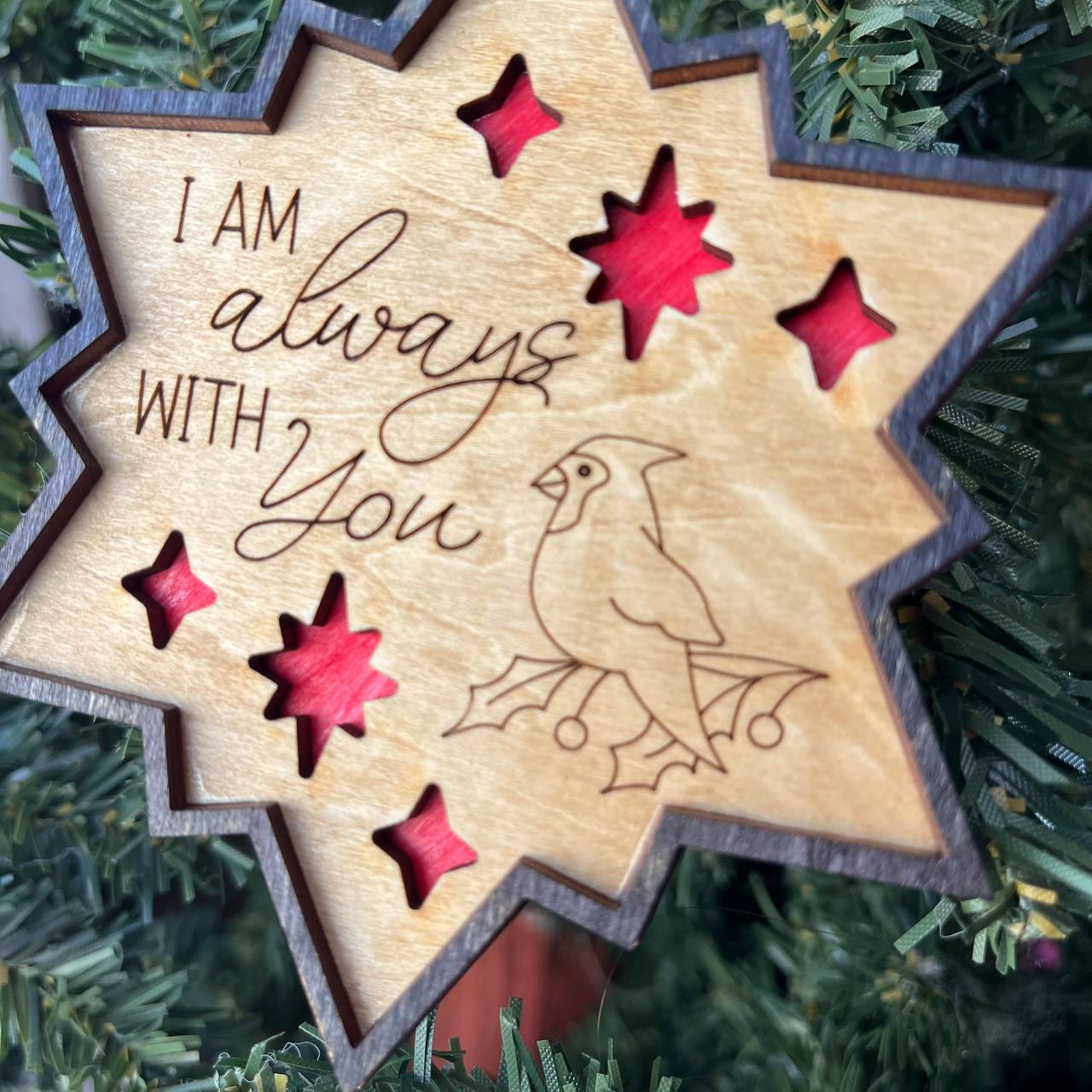 Cardinal Memorial Christmas Ornament – "I Am Always With You" Star | Wood Holiday Ornament with Red Inlay | Sympathy Tree Decoration | Remembrance Gift