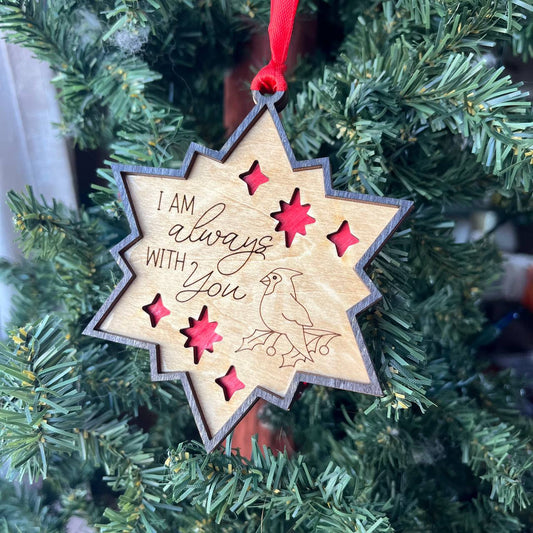 Cardinal Memorial Christmas Ornament – "I Am Always With You" Star | Wood Holiday Ornament with Red Inlay | Sympathy Tree Decoration | Remembrance Gift