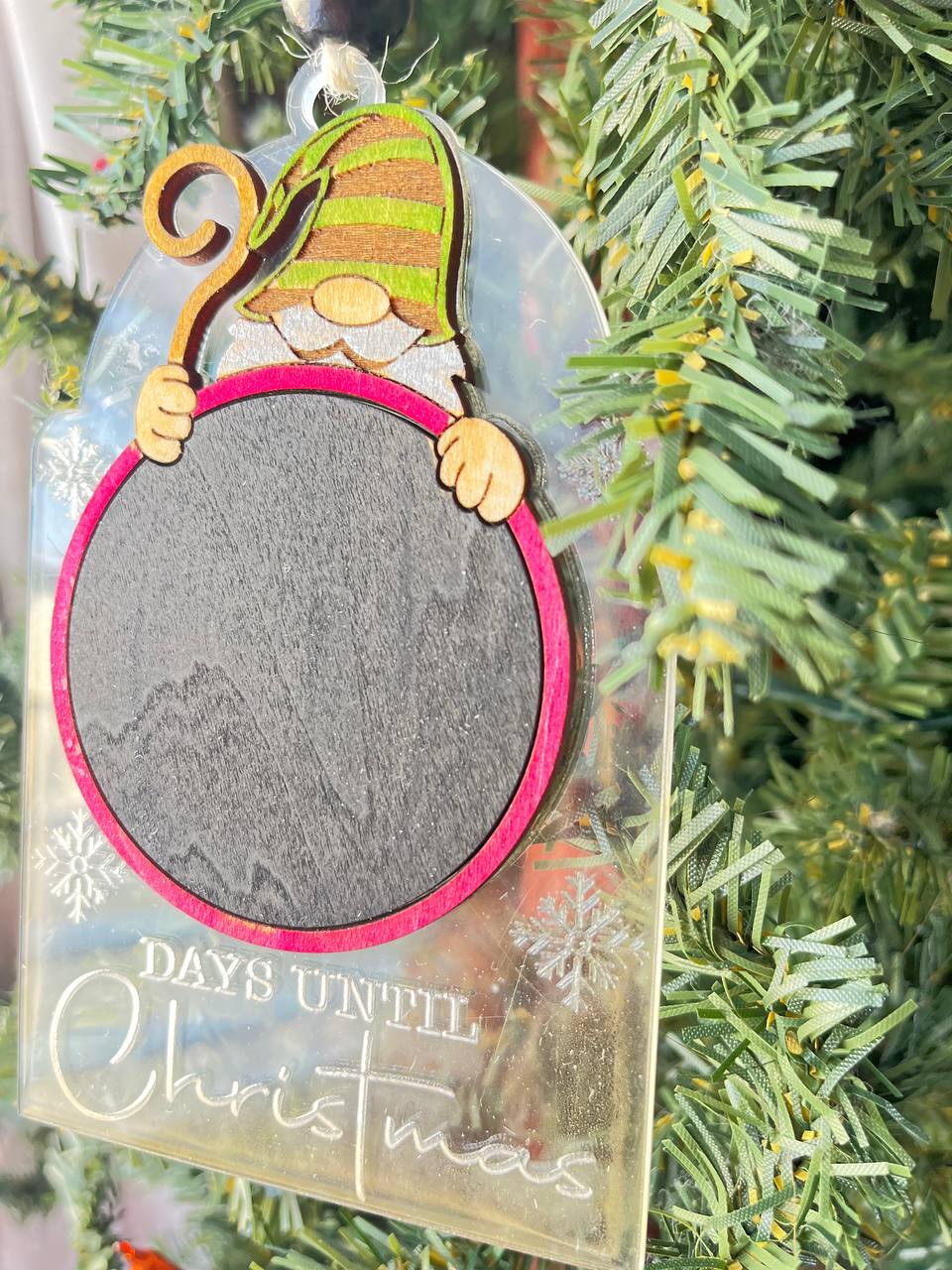 Christmas Countdown Gnome Ornament – Clear Acrylic Days Until Christmas Chalkboard – 5" Tall Holiday Gnome Tree Decoration