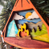 Rustic Camping Christmas Ornament - Hand-Painted 4-Layer Wooden Tent and Campfire Decor