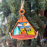 Rustic Camping Christmas Ornament - Hand-Painted 4-Layer Wooden Tent and Campfire Decor