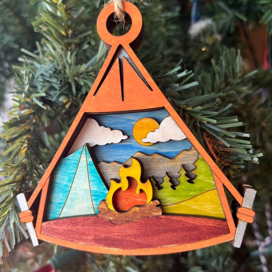 Rustic Camping Christmas Ornament - Hand-Painted 4-Layer Wooden Tent and Campfire Decor