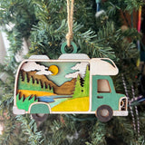Rustic RV Camper Christmas Ornament - Hand-Painted 4-Layer Wooden Motorhome Holiday Decor