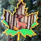 Rustic Deer Maple Leaf Christmas Ornament - Hand-Painted 4-Layer Wooden Forest Scene