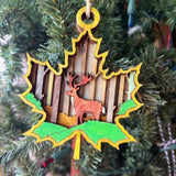 Rustic Deer Maple Leaf Christmas Ornament - Hand-Painted 4-Layer Wooden Forest Scene