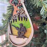 Rustic Hunter Christmas Ornament - Hand-Painted 4-Layer Wooden Deer and Mountain Scene