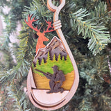 Rustic Hunter Christmas Ornament - Hand-Painted 4-Layer Wooden Deer and Mountain Scene