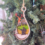 Rustic Hunter Christmas Ornament - Hand-Painted 4-Layer Wooden Deer and Mountain Scene
